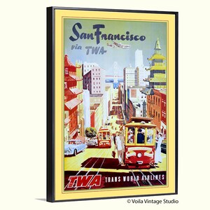 San Francisco California vintage TWA advertising travel poster, boho canvas art print, giclee canvas