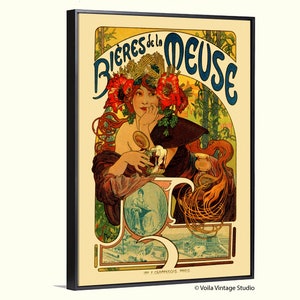 Art Nouveau Mucha boho French vintage advertising &quot;Bieres de la Meuse&quot; giclee canvas, kitchen, cafe restaurant décor, housewarming gift