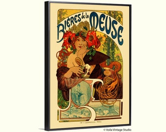 Art Nouveau Mucha boho French vintage advertising "Bieres de la Meuse" giclee canvas, kitchen, cafe restaurant décor, housewarming gift