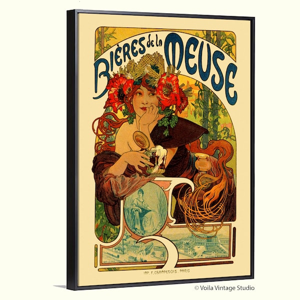 Art Nouveau Mucha boho French vintage advertising "Bieres de la Meuse" giclee canvas, kitchen, cafe restaurant décor, housewarming gift