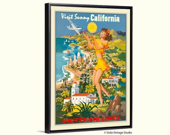 California vintage travel poster "Visit Sunny California", boho decor giclee on canvas, bohemian wall art