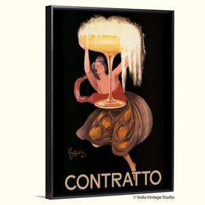 May include: Vintage advertisement for Contratto, a sparkling wine. A woman in a red and gold dress holds a large glass of champagne, with the bubbly overflowing. The background is black.