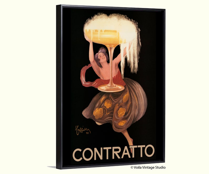 May include: Vintage advertisement for Contratto, a sparkling wine. A woman in a red and gold dress holds a large glass of champagne, with the bubbly overflowing. The background is black.