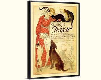 cat dog veterinary vintage French advertising poster Clinique Cheron by Steinlein, boho eclectic wall art decor