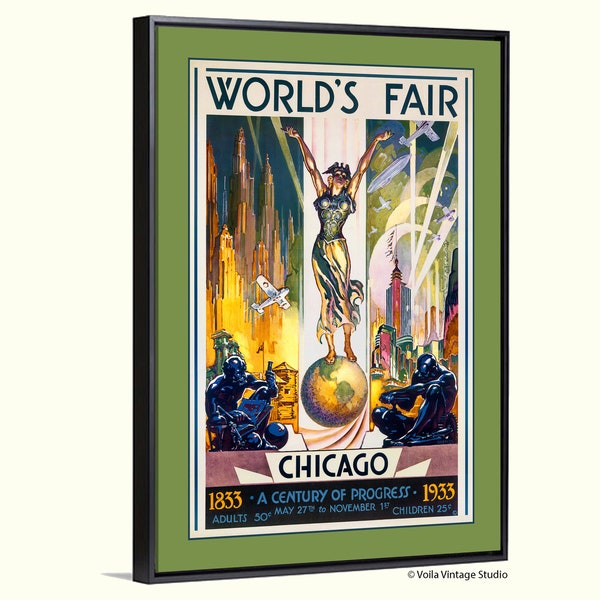 Chicago World Fair art deco vintage travel advertising, boho bohemian style, Giclee Canvas, wall decor