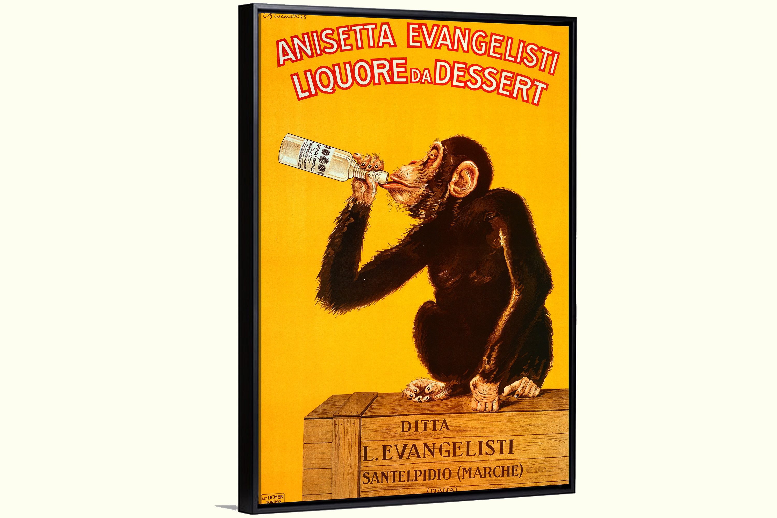 Aap die art deco Italiaanse vintage drank drinkt, advertentieposter, bar, keuken, decor, Italiaanse muurkunst caféinrichting