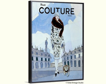 Retro Fashion illustration French art deco "Couture", bulldog boho bohemian style Vintage Advertising, Fashion wall art Giclee Canvas
