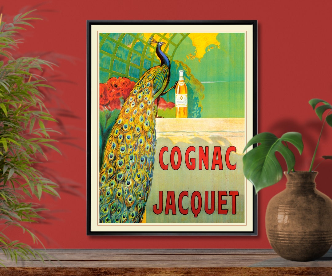 Peacock French Vintage Cognac Ad Giclee Canvas, Drink Art Deco Poster