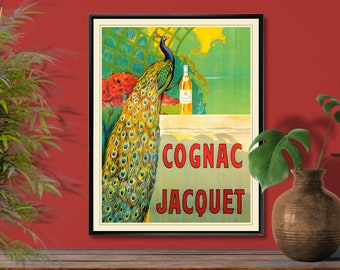 Peacock French vintage cognac ad giclee canvas, drink art deco poster, wet bar, kitchen, cafe restaurant wall art