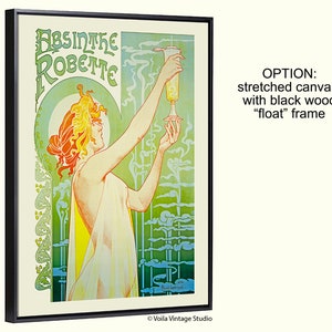Pode incluir: Um cartaz vintage que anuncia Absinthe Robette, com uma mulher em um vestido branco fluido segurando um copo de absinto. O cartaz est&aacute; sobre um fundo verde e azul com padr&otilde;es em espiral.