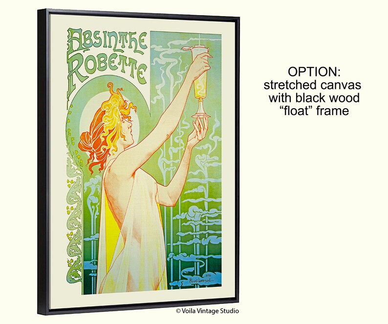 Pode incluir: Um cartaz vintage que anuncia Absinthe Robette, com uma mulher em um vestido branco fluido segurando um copo de absinto. O cartaz est&aacute; sobre um fundo verde e azul com padr&otilde;es em espiral.