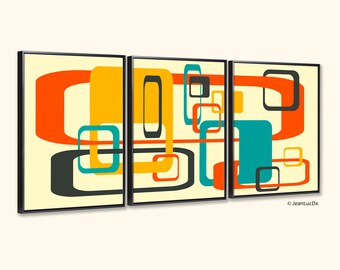 Mid-century Modern abstract wall art original creation "Carré d'As" Tryptic, giclee canvas , modern home decor