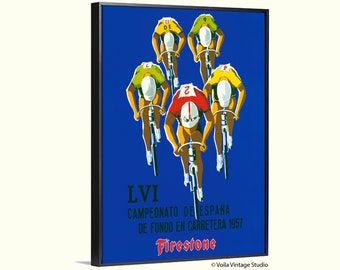 Vintage cycling, Spanish World Championships bicycle advertising poster Firestone sponsor, bike wall art giclee canvas, birthday gift idea