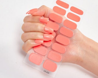 CORAL Pink No UV Nail Stickers | Long Lasting No Chip Manicure | Easy Manicure Nail Set | No UV Lamp Required | Coral Pink Nail Wraps