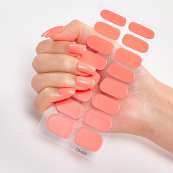 CORAL Pink No UV Nail Stickers | Long Lasting No Chip Manicure | Easy Manicure Nail Set | No UV Lamp Required | Coral Pink Nail Wraps