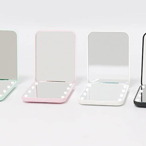 Schicker kompakter LED-Spiegel | x1 und x2 Spiegel | Rosa, Schwarz, Mintgrün und Weiß | Handtaschenspiegel | Kompaktspiegel | Vergrößerungsspiegel