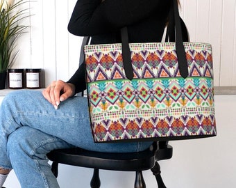 Aztec Hummingbird Vegan Leather Tote Bag: Reversible Design