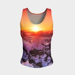 Iceland Sunset Fitted Tank Top, Athletic Tank Tops, Fitted Tank Tops for Women,Yoga Tank Top,Workout Tank Top, Sunset Tank Top,Glacier, Gold