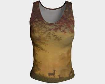 Fitted Tank Top: Golden Morning Deer Scene, Fall Colors Active Wear