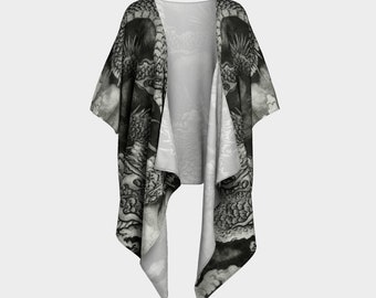 May include: A black and white kimono with a dragon and cloud pattern. The kimono is made of a lightweight fabric and has a relaxed fit.