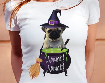 Pug Witch Cauldron T-Shirt, Funny Halloween Costume