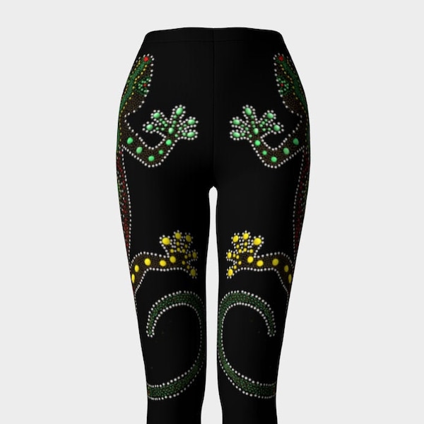 Leggings Gecko aborigènes, Active Wear, Leggins Woman, Yoga Leggings, Gym Leggings, Festival Leggings, Animal Leggings, Dot Painted Lizard, Black