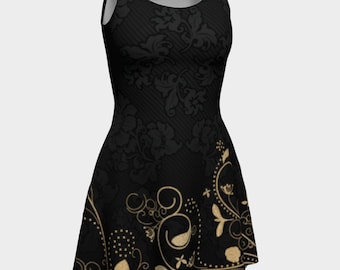 Gold Palm Leaves Black Skater Dress - Etsy Gold Palm Leaves Black Skater Dress - Etsy