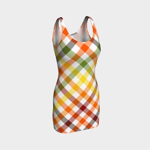 May include: A sleeveless dress with a checkered pattern in shades of orange, red, yellow, green, and grey.