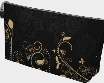 Christmas Gold Filigree Black Makeup Bag: Denim Lined Clutch