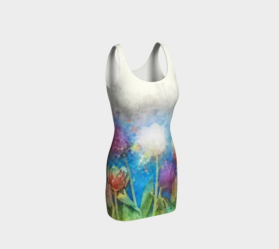 Watercolor Tulips Dress, Form Fitting Dress, Bodycon, Dress for 