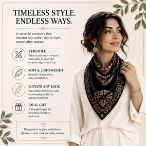 A graphic lists additional scarf features on the left and next to the list is a an elegantly dressed model wearing the scarf around her neck.