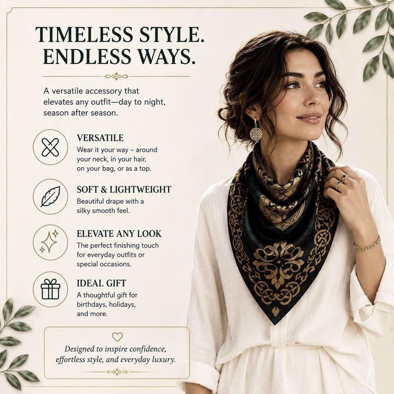 A graphic lists additional scarf features on the left and next to the list is a an elegantly dressed model wearing the scarf around her neck.