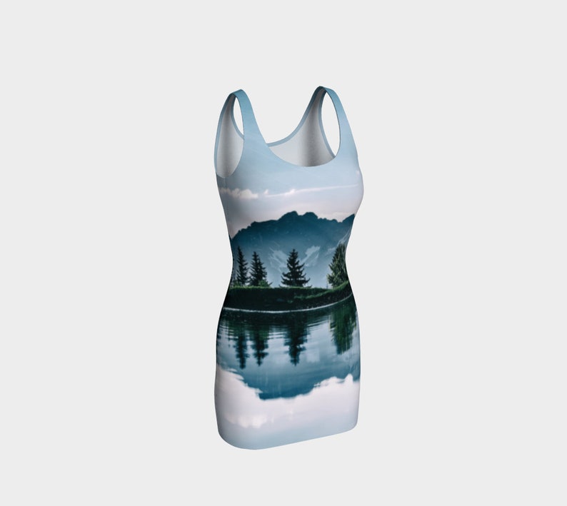 Dress for Women Sky Blue Sundress Body Hugging Dress Mountain Peak Reflection Form Fitting Dress White Girls Dress