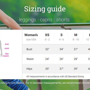 K&ouml;nnte beinhalten: Gr&ouml;&szlig;entabelle f&uuml;r Leggings, Capris und Shorts. Die Tabelle zeigt Damen-Gr&ouml;&szlig;en von XS bis XL mit den entsprechenden US-Gr&ouml;&szlig;en und Ma&szlig;en in Zoll f&uuml;r Brust, Taille und H&uuml;fte.