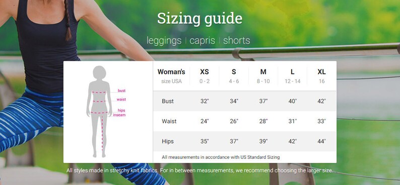 K&ouml;nnte beinhalten: Gr&ouml;&szlig;entabelle f&uuml;r Leggings, Capris und Shorts. Die Tabelle zeigt Damen-Gr&ouml;&szlig;en von XS bis XL mit den entsprechenden US-Gr&ouml;&szlig;en und Ma&szlig;en in Zoll f&uuml;r Brust, Taille und H&uuml;fte.