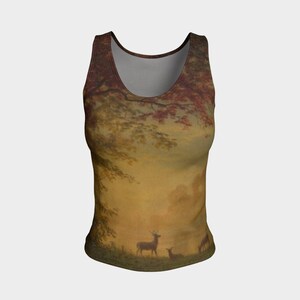 May include: A sleeveless tank top featuring a vintage-inspired print of a forest scene with deer. The print uses a muted colour palette of browns, yellows, and greens.