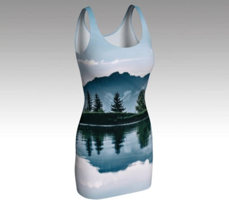 Dress for Women Sky Blue Sundress Body Hugging Dress Mountain Peak Reflection Form Fitting Dress White Girls Dress
