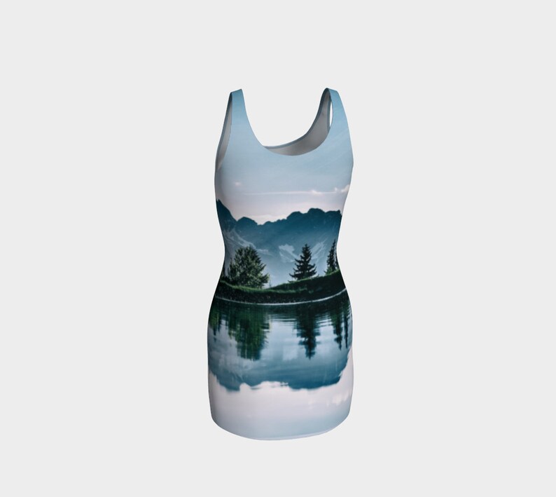 Dress for Women Sky Blue Sundress Body Hugging Dress Mountain Peak Reflection Form Fitting Dress White Girls Dress