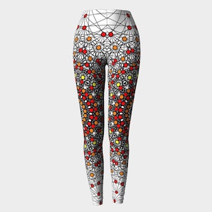 May include: A pair of leggings with a geometric pattern. The leggings feature a white background with a network of black lines and red, orange, and yellow circles. The design covers the entire surface of the leggings, creating a visually striking effect.