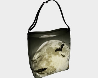 Gothic Moon Tote Bag: Raven & Bats, Adjustable Strap
