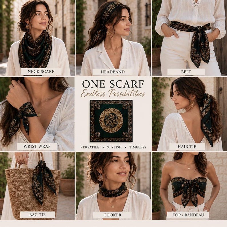 Collage showing the different wars to wear the scarf.