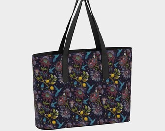 Aztec Hummingbird Vegan Leather Tote Bag: Reversible Design