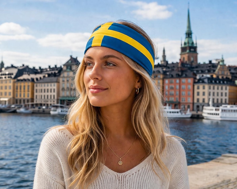 Sveriges flagga 🇸🇪 pannband som bärs av en kvinnlig modell utomhus i Stockholm, Sverige.