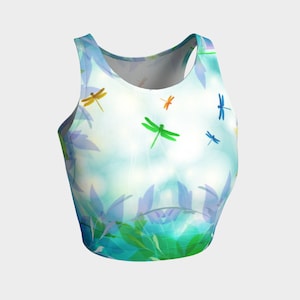 Dragonfly Dreams Athletic Crop Top, Crop Tank Top, Crop Tankini,Workout Crop Tank, Dragonflies, Bugs, Wings, Watercolor, Pastels,Blue,Clouds