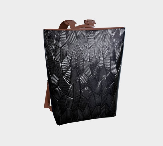 Black Faux Reptile Scale Leather Backpack Work Everyday Black Faux Crocodile Leather Backpack with Silver Zipper  main image 4