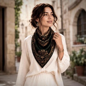 An elegant female model is standing outdoors in a Spanish style village wearing a dark green scarf around her neck with a beautiful muted gold design. The scarf drapes elegantly down the front of her cream colored dress.