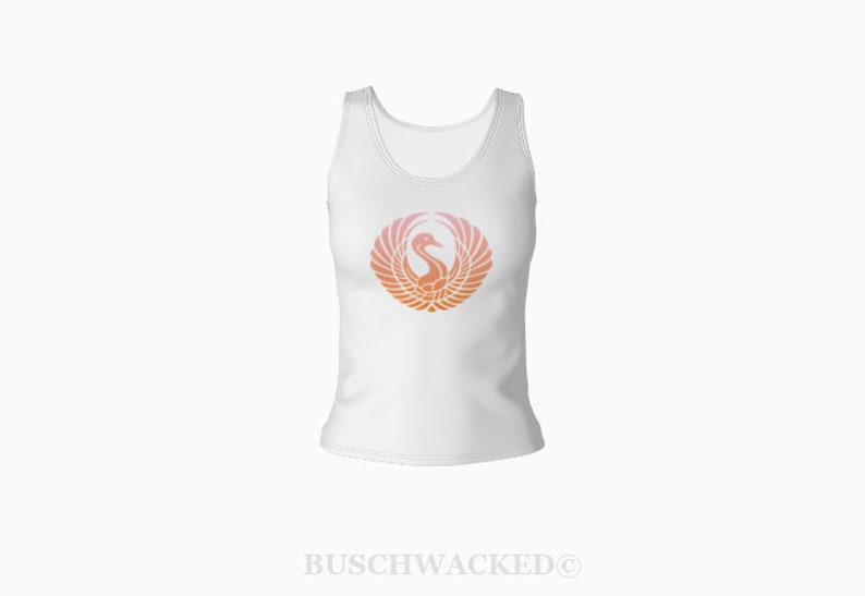 K&ouml;nnte beinhalten: Wei&szlig;es Tanktop mit einem rosafarbenen und orangen, stilisierten Vogeldesign in einem Kreis auf der Vorderseite.
