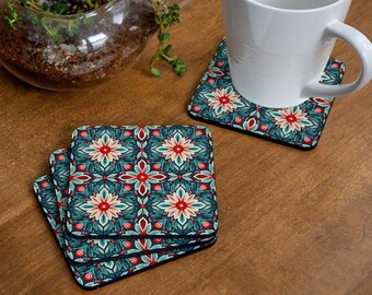 Christmas Coaster Set in Shades of Reds and Greens in a Festive Geometric Pattern