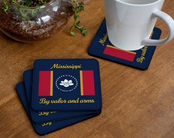 Mississippi State Flag Coaster Set, Magnolia, Motto, Set of 4
