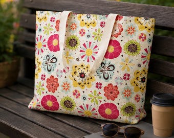 Floral Tote Bag, Cotton Canvas, Navy Lining, Zipper Pocket, Market Bag